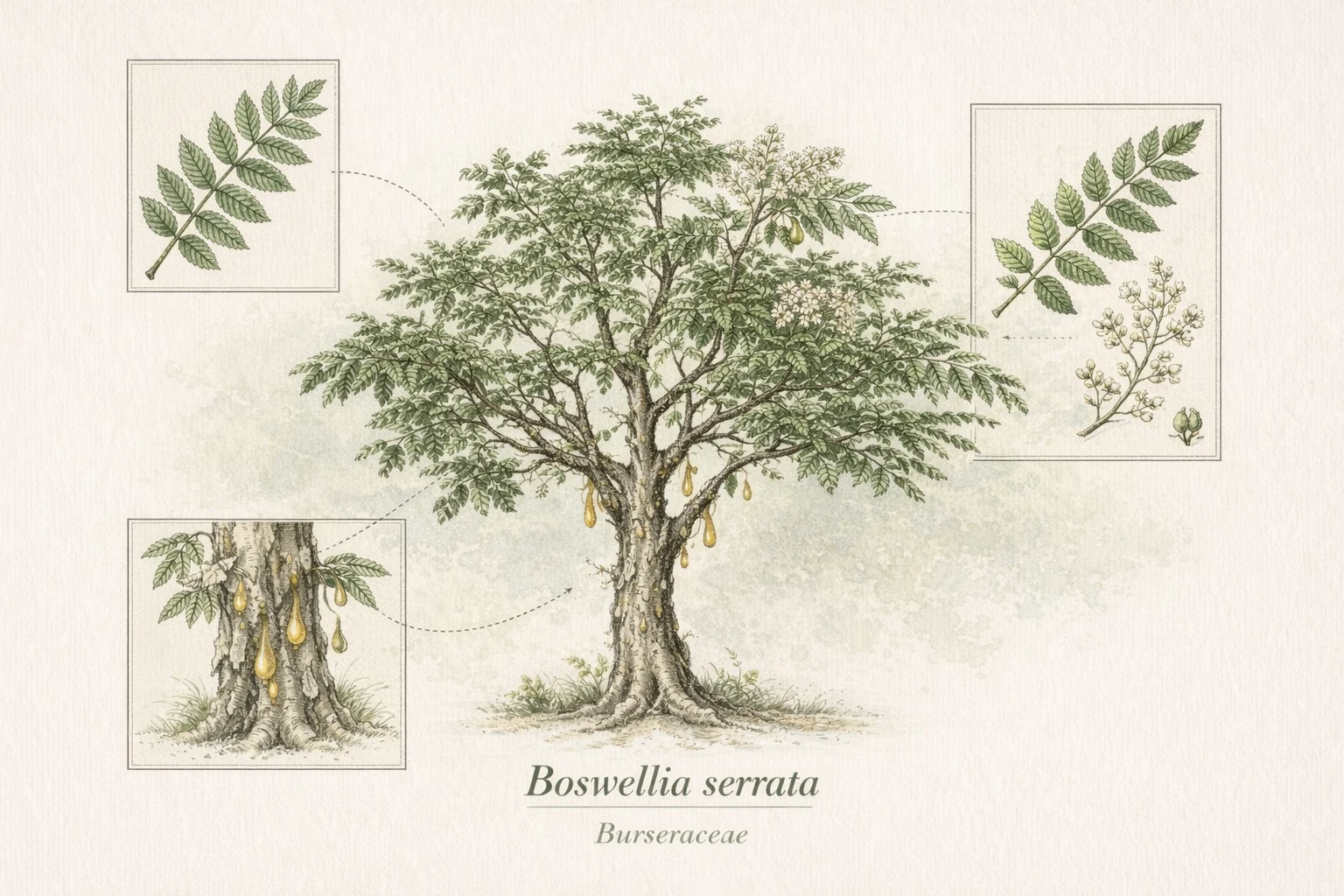 Botanical plate illustration of Boswellia serrata (Indian Frankincense), showing the tree, compound leaves, flowers, and resin exudation from the trunk